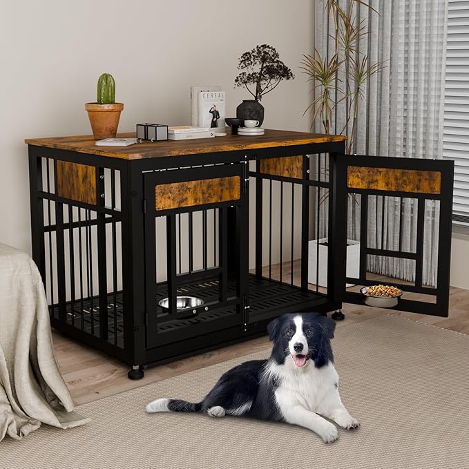 Dog Crate Furniture End Table 38 Inch Hidden Kennel Cabinet with Removable Tray, Thickened Metal Frame Dog Cage, Dual-Purpose Pet House & Nightstand for Living Room