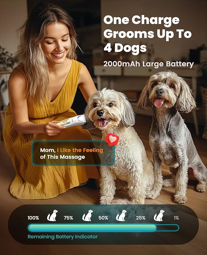 oneisall Quiet Dog Grooming Kit 4 in 1, LED Light Dog Nail Grinder, 2000mAh Pet Grooming Clippers Paw Trimmer for Paw, Nail, Face, Ears, Legs, Body with Storage Bag