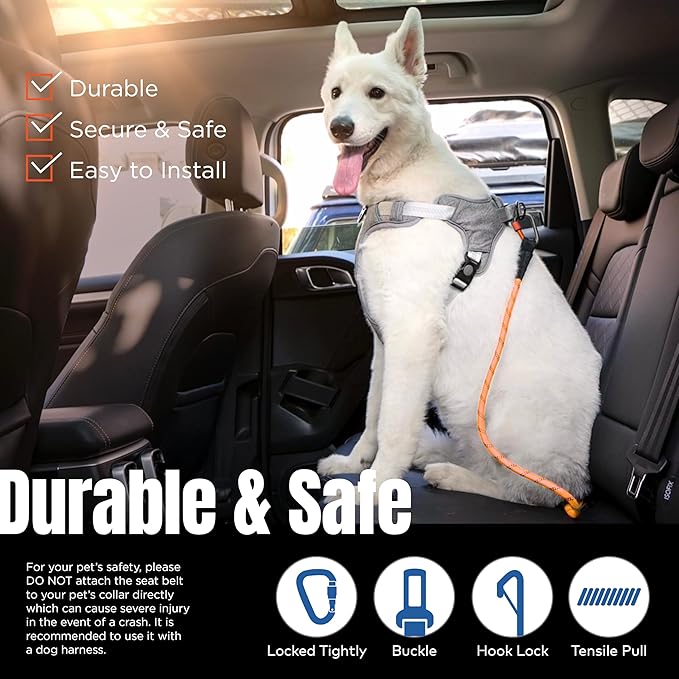 Dog Seat Belt for Car | Universal Dog Car Seatbelt | Durable Reflective Rope with Clip Hook Latch, Buckle and Carabiner- Safe and Secure Pet Safety Restraint (Orange)