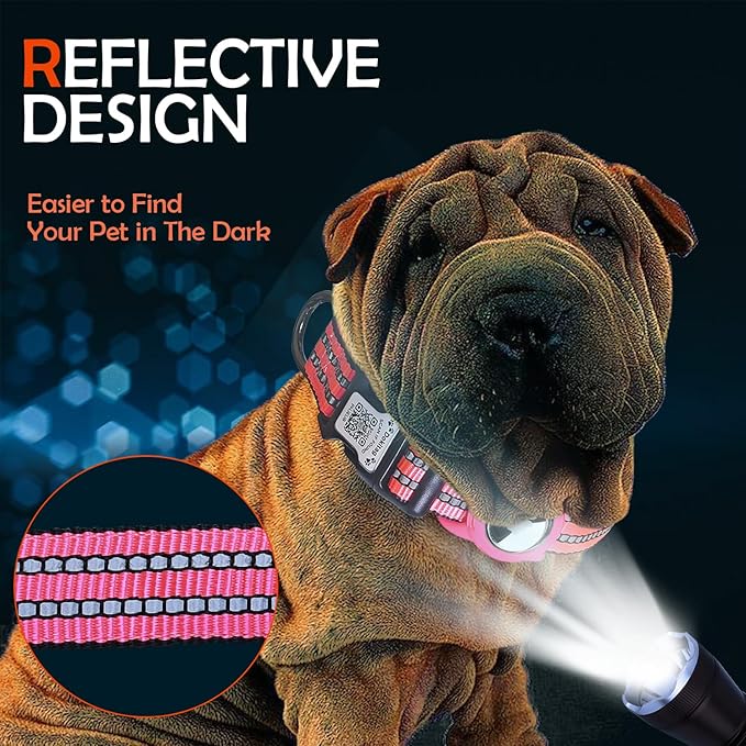 Reflective Dog Collar with Apple AirTag Holder & QR Code Pet ID Tag,Soft Nylon Adjustable Dog Tracker Collar with Safety Lock for Small Dogs (Rose Red, S)