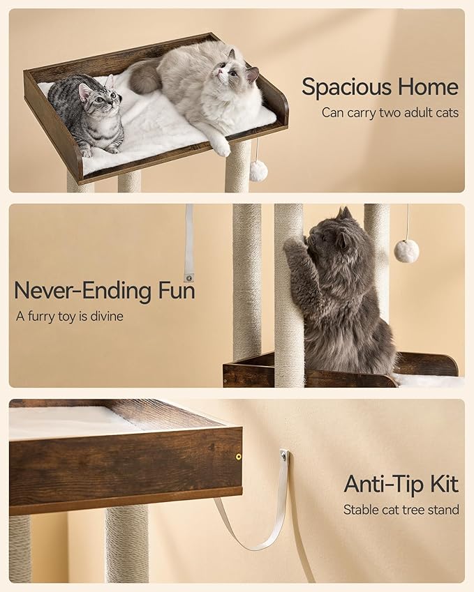 FourFurPets 43.7" Cat Tree, Modern Cat Tree Tower, Cat Tower for Indoor Cats Large Adult, Cat Condo with Scratching Post, Large Perch and Removable Pads,Rustic Brown