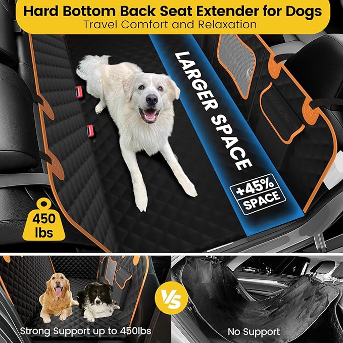 Back Seat Extender for Dogs - Holds 450lbs, Waterproof Dog Car Seat Cover for Back Seat with Hard Bottom for Cars SUVs Truck,Anti-Scratch No Slip Large Space Pet Backseat Protector,Black Orange