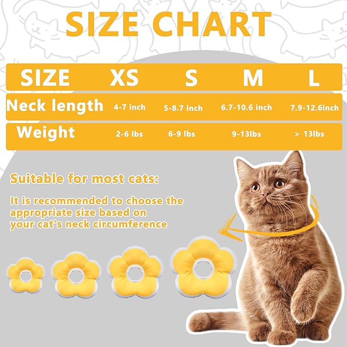 Cat Cone Collar Soft, Waterproof Cats Cones to Stop Licking After Surgery, Adjustable Soft Elizabeth Cats Collars for Wound Healing, Flower Shape Cat Recovery Collar (Yellow, X-Small)