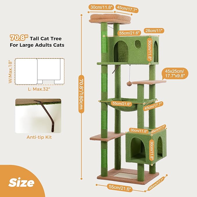 72” Cat Tree for Large Cats Big Cat Tower with Enlarged Hammock 21.6x17.7” Spacious Cats Condo House and Roomy Top Bed and Multiple Scratch Posts for Indoor Adult Cats (Green, XLarge-72)