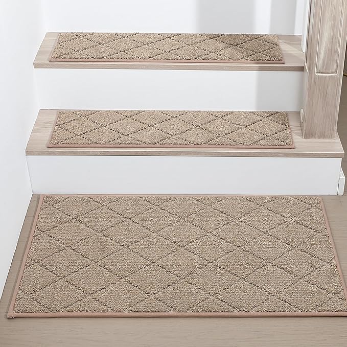 COSY HOMEER Edging Stair Treads Non-Slip Corner Indoor Stair Runners for Wooden Steps,Landing Slip Resistant Stair Rugs for Kids and Dogs, 100% Polyester TPE Backing,Beige,20"X32"