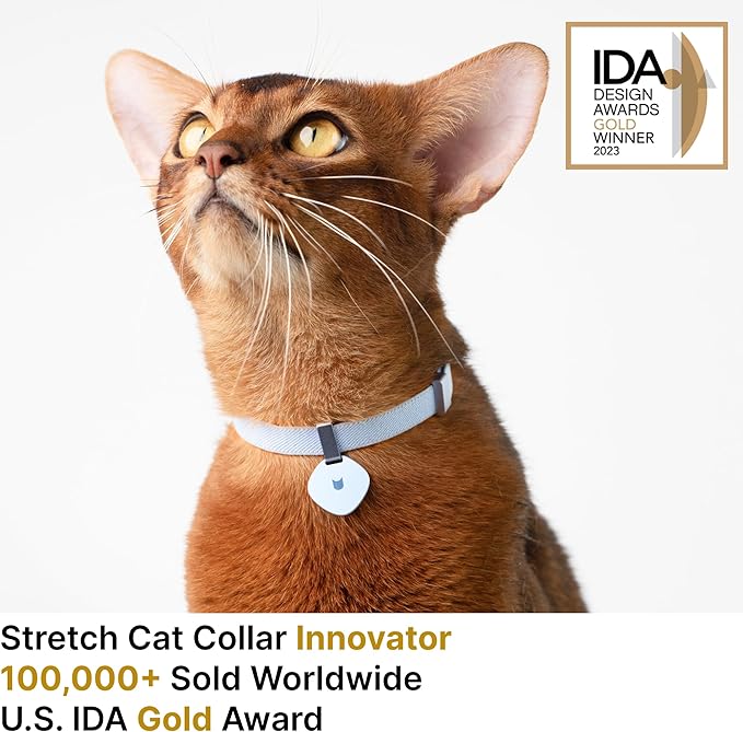 Safety Cat Collar Pro and Tag Set - U.S. IDA Gold Award, Elastic Release Cat Collar Charm Tag, Non Breakaway Cat Collar Adjustable with Charm for Kitten Small Large Cats (Glacier Silver, M)