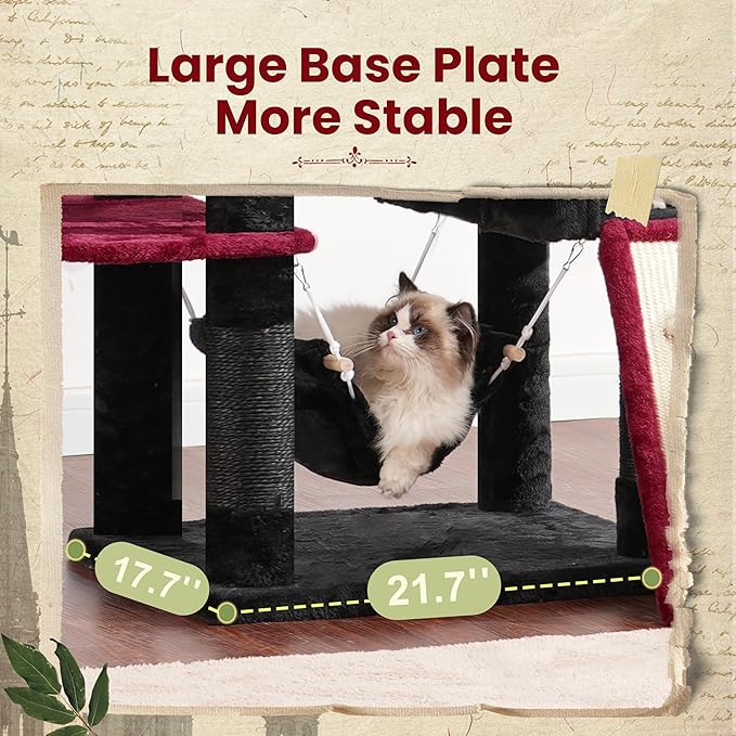 Cat Tree for Indoor Cats, 71'' (180cm) Multi-Level Cat Tower for Large Adult, Gothic Sturdy Cat Tree House with 2 Scratching Boards 7 Posts, 2 Plush Perches/Condos, Hammock, Black GCT032BR
