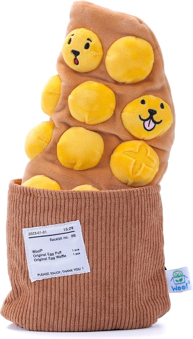 Egg Puff/Waffle 2-in-1 Nose-Work Soft Plush Squeaky Dog Toy - Durable, Cute & Fun HK Gift for Interactive Bonding Time, Hide Chew Sticks & Food for Puzzle Play, Small Medium Dogs