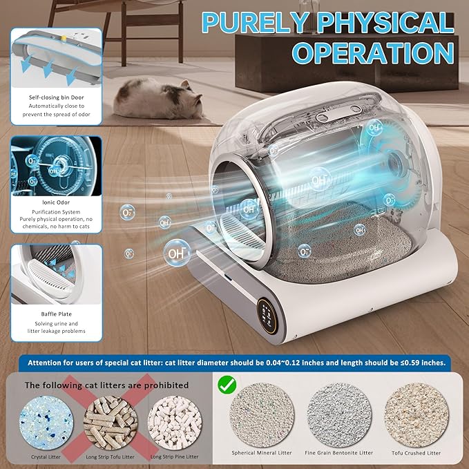 SUANPOT Self Cleaning Cat Litter Box, Automatic Robot Box for Multiple Cats, Smart Self Cleaning with Safety Protection, APP Control, Deodorization and Sterilization, Matte White