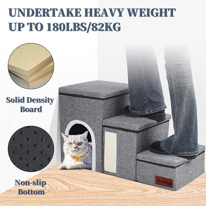 Dog Stairs for High Bed and Couch, 4 IN 1 Foldable Pet Stairs for Cats & Small and Medium Dogs, Adjustable Dog Steps with Pet Climbing Ladders/Cozy Condo/Storage Boxes/Cat Scratcher, Hold Up to 180LBS