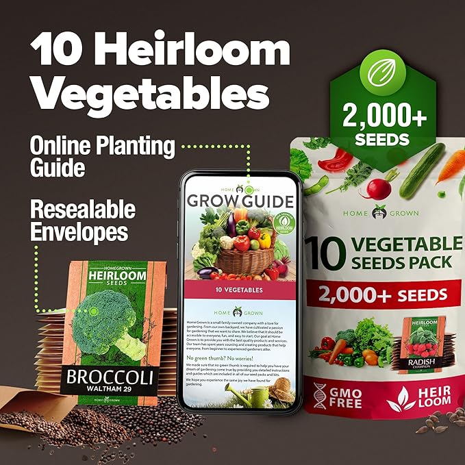 HOME GROWN 𝗨𝗦𝗔 𝗣𝗥𝗘𝗠𝗜𝗨𝗠 10 Variety Vegetable 2,000+ 𝗡𝗢𝗡-𝗚𝗠𝗢 Seeds (Kale Lettuce Tomato Broccoli Beans Peas Bell Peppers Carrot Cucumber Radish) – Indoor & Outdoor Garden Survival Seeds
