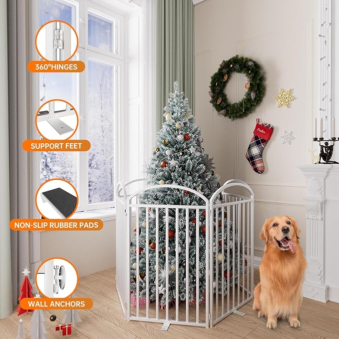 6 Panles Full Matel Freestanding Dog Gates with Door, 144"Extra Wide 36"Tall Free Standing Dog Pet Gate for Indoor & Outdoor. Foldable Pet Fences for Doorways, House, Stairs, Porch, Deck, Yard