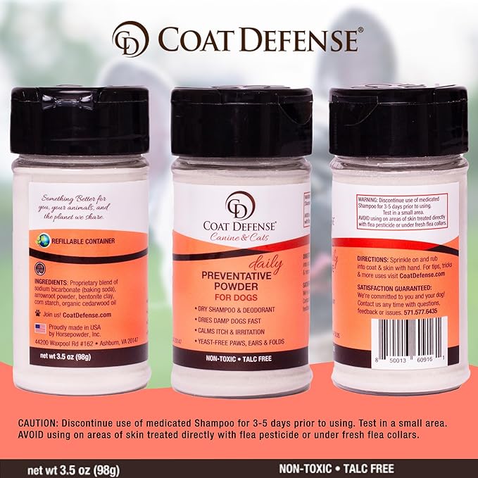 COAT DEFENSE Preventative Powder | Made in USA | 3.5oz Waterless Dog Shampoo & Pet Deodorizer for Smelly Dogs | Provides Anti Itch Relief | Dog Shampoo for Dry Itchy Skin & Smelly Dogs