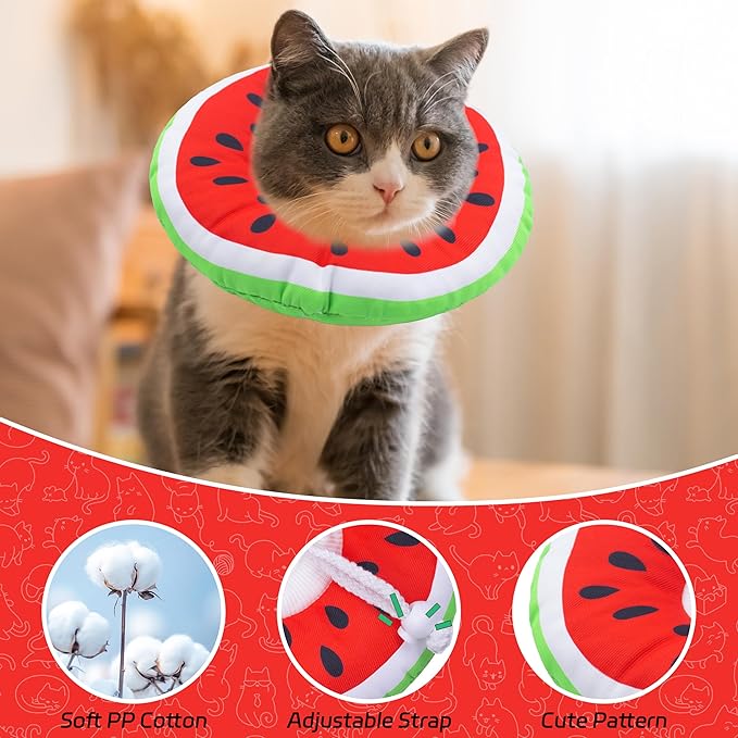 Cat Cone Collar Soft, Adjustable Cat Recovery Collars Kitten Cones to Stop Licking, Cute Donut E Collar After Surgery, Wound Healing Elizabethan Collar for Kittens (Watermelon, Medium)
