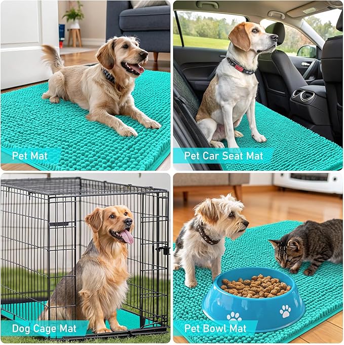 OLANLY Dog Door Mat for Muddy Paws 70x46, Absorbs Moisture and Dirt, Absorbent Non-Slip Washable Doormat, Quick Dry Chenille Mud Mat for Dogs, Entry Indoor Entryway Carpet for Inside Floor, Teal