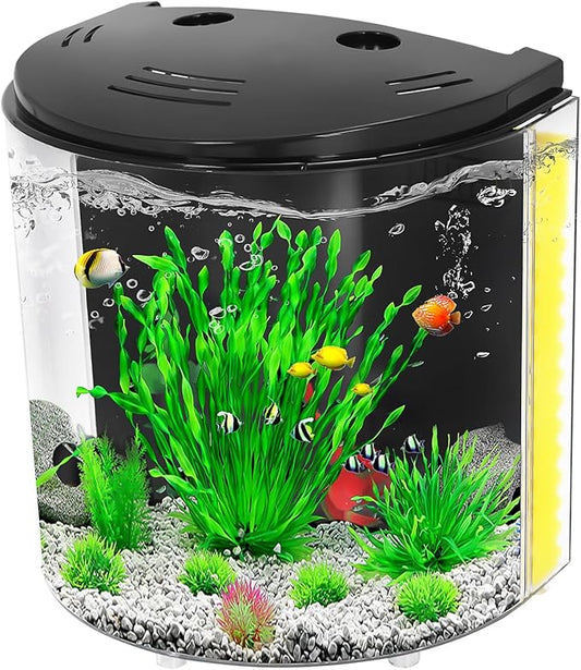 AQUANEAT Fish Tank, 1.2 Gallon Aquarium, Small Betta Fish Tank Starter Kit with LED Light and Water Filter Pump, Round