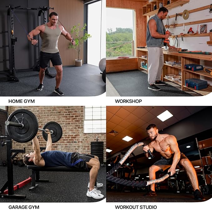 AIRHOP 0.79in Thick 48 Sq Ft Exercise Equipment Mats, 12 Tiles Upgraded Rubber Top with High Density EVA Foam, Large Interlocking Puzzle Gym Flooring for Home Gym, Heavy Weight Workout,Black & Blue