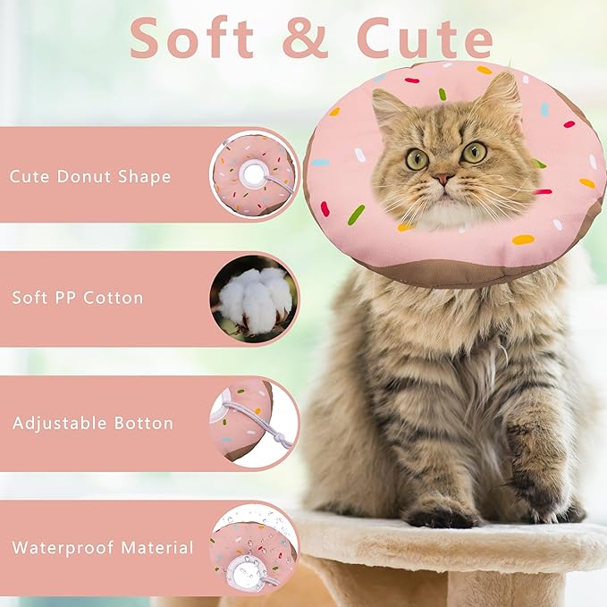 Cat Cone Collar Soft, Adjustable Cat Recovery Collar Kitten Cones to Stop Licking, Cute Donut E Collar After Surgery, Cats Neck Pillow Cone Elizabethan Cones of Shame (Waterproof Pink, Large)