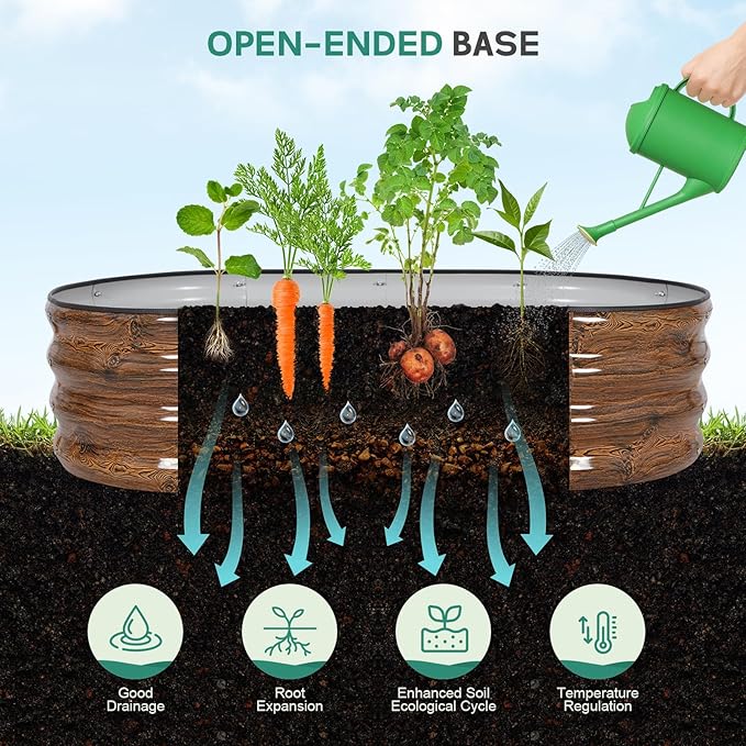 Galvanized Raised Garden Bed Outdoor - 4×2×1ft Planter Raised Beds for Gardening | Oval Metal Garden Planter Box with Safety Edging and Gloves for Vegetables Fruits and Flowers - Grain