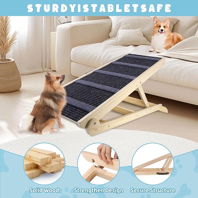 Dog Ramp for Bed, 6 Adjustable Height from 13.8" to 25.6", Folding Portable Wooden Pet Ramp for Small Dogs - Non-Slip High Traction Dog Ramp for High Bed Couch and Car Up to 200lbs