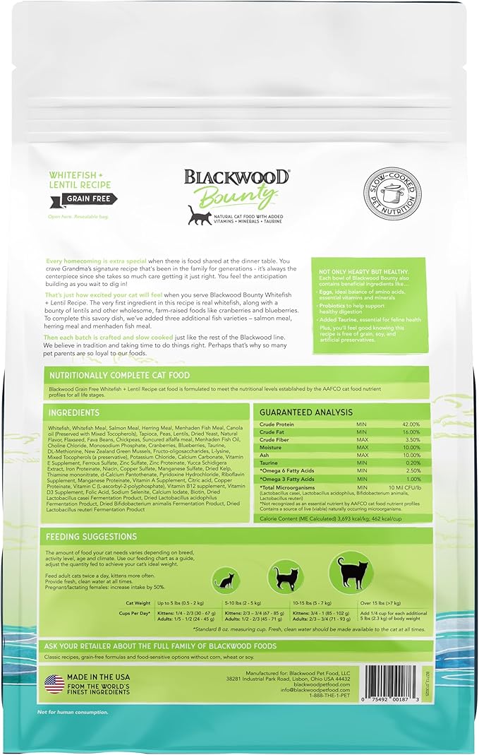 Blackwood Bounty Dry Cat Food, Whitefish & Lentil Recipe for All Life Stages, 4.5 Pound Bag, High Protein, Grain Free