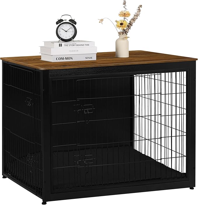 DWANTON Dog Crate Furniture with Cushion, Wooden Kennel Table with Double Doors, Indoor Dog House, Extra Large Size, 43.3" L, Black+Warm Brown