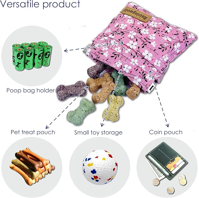Dog Treat Pouch, Small Cotton Pocket Sized Training Holder, Hand Free Walking Fanny Bag with Carabiner, Self-Closing Pet Feed Snack Reward, Behavior Aids for Puppy Travel or Outdoor Use