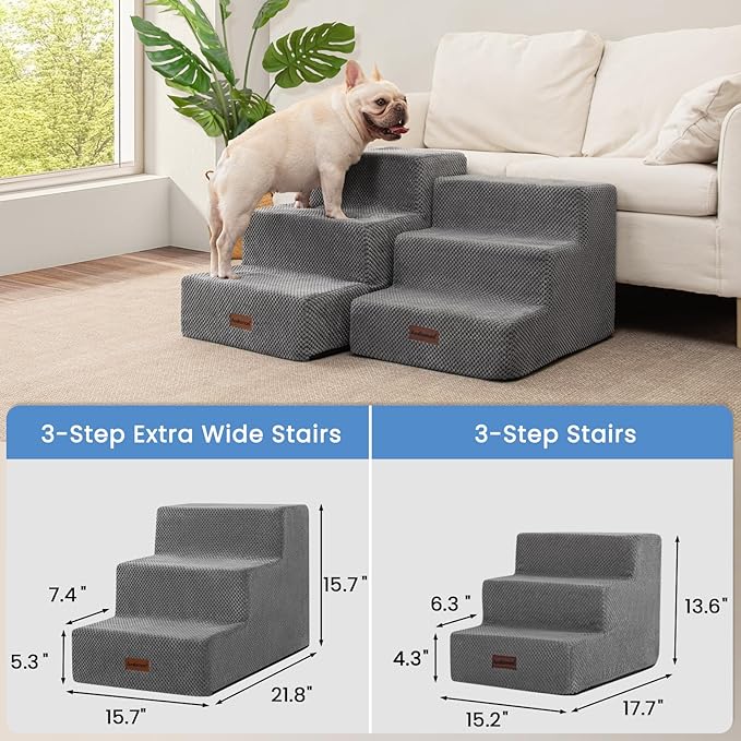Dog Stairs for Small Dogs & Cats,3-Step Extra Wide Non-Slip Pet Steps for Couch Sofa and Chair,Grey,15.7" H