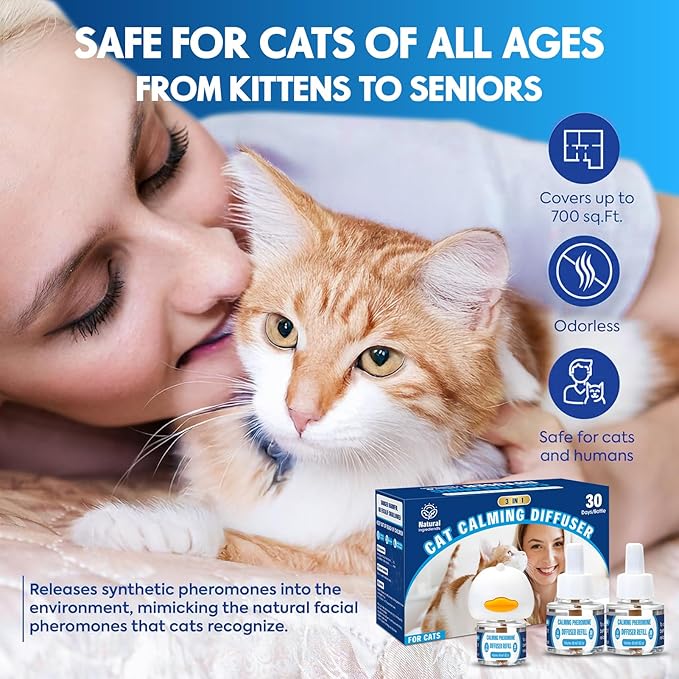 Cat Calming Pheromones Diffuser: 3-in-1 Kit Cat Appeasing Pheromone Diffuser to Calm (1 Plugin+2x48ml Refills) for Comfort Reduces Stress Anxiety, Long-Lasting Appeasing Pheromone for Pet Cat (3in1)