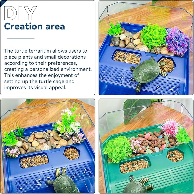 Aquatic Turtle Tank Habitat Kit Stone+Filter+Heat Lamp Enhancing Interaction with 360° Viewing, Standalone Filtration, DIY Creative Zone, Enriched Living (Blue, XL[Without Light])