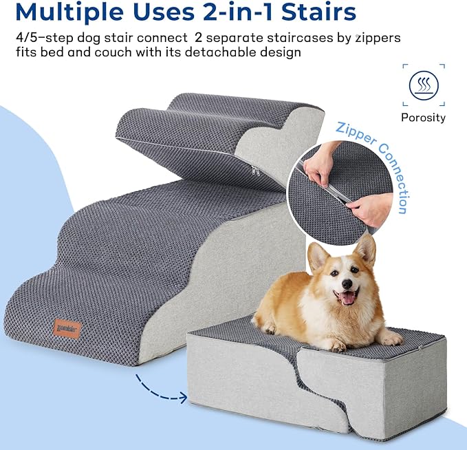 Dog Stairs for High Beds - Pet Stairs Ramp for Couch, 35D Foam Dog Steps for Small to Large Pets, with Non-Slip Bottom Brown, 5 Steps