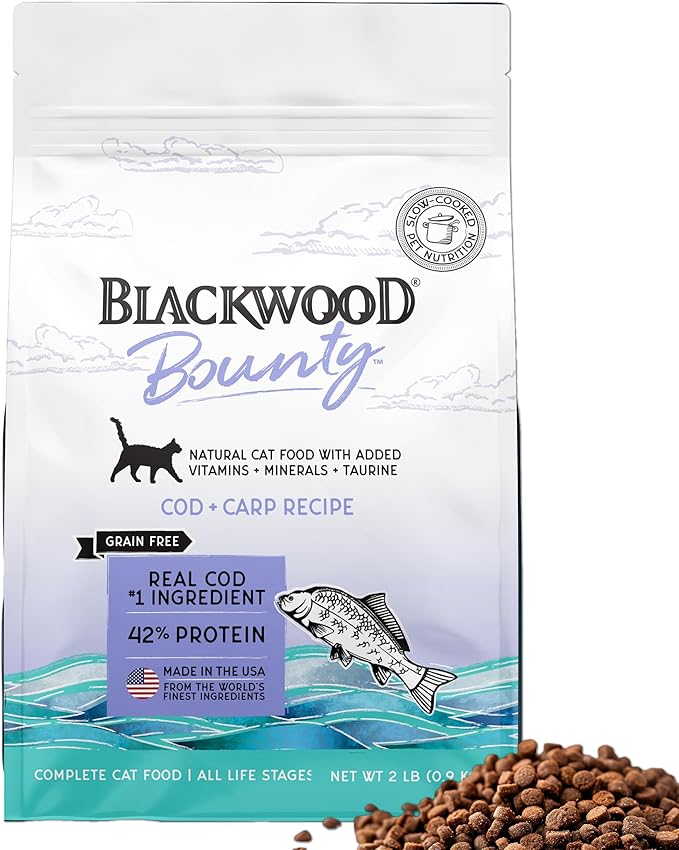 Blackwood Bounty Dry Cat Food, Cod & Carp Recipe for All Life Stages, 2 Pound Bag, High Protein, Grain Free