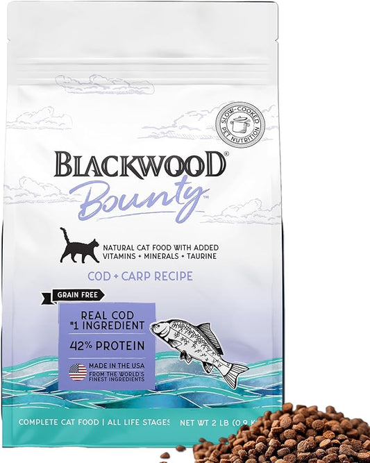 Blackwood Bounty Dry Cat Food, Cod & Carp Recipe for All Life Stages, 2 Pound Bag, High Protein, Grain Free
