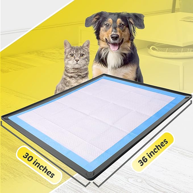 Skywin TidyFriend Dog Pee Pad Holder Tray Fits for 30” x 36” Pee Pads with Corner Lock Holes, Raised Edges, Non-Spill, Easy to Clean Silicone Dog Potty Tray Holder, for Indoor Floor Protection (Grey)