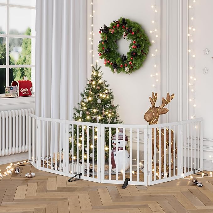 Dog Gates for Doorways Extra Wide 110inches (9ft), Wooden Freestanding Pet Gates for Dogs with 4 Support Stands, Foldable Gates for Dogs Indoor