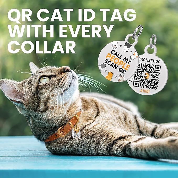 BRONZEDOG Leather Cat Collar with Removable Bells Non Breakaway Kitten QR Tag for Girl Boy (7" - 9" for Cats, Green & Gold)