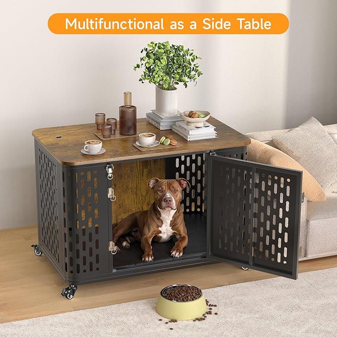 Dog Crate with Cushion, 38" Wood Heavy Duty Dog Crate Furniture with Flip Top & Wheels for High Anxiety Dogs, Escape Proof Pet Cage for Small/Medium Dogs