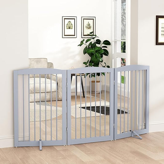 Freestanding Pet Gate for Dogs, Foldable Wooden Dog Gate for House Indoor, Tall Pet Fence for Stair, Doorway,Hall, Support Feet Included, 3 Panels 32",Grey