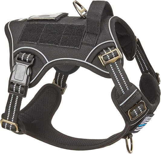 BUMBIN Tactical Dog Harness for Medium Dogs, No Pull, Reflective, Adjustable, Black, M(Neck:16-20", Chest:17-27")