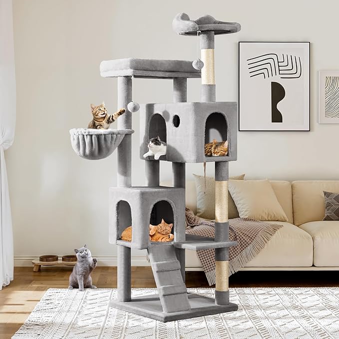 Allewie 64 Inches Cat Tree Tower/Multi-Level Activity Center for Indoor Big Felines/2 Plush Condos/2 Perchs/Basket/House/Sisal Scratching Posts/Hanging Cat Toys/Grey