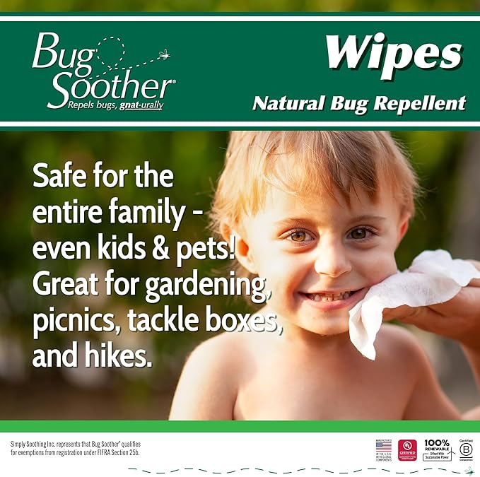 Bug Soother Wipes (15-ct) - Natural Mosquito Repellent & Deterrent - 100% DEET-Free Safe Single-Use Bug Wipes for Adults, Kids, & Pets - Made in USA