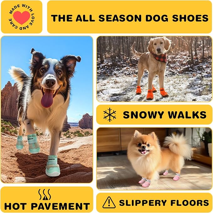 Hcpet Dog Shoes for Large Dogs, Waterproof Dog Booties for Small Medium Dogs, Anti-Slip Dog Boots & Paw Protectors for Hot Pavement Winter Snow Hiking with Reflective Straps Khaki Size 1