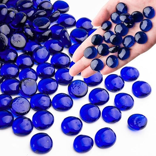 Blue Glass Marbles, 0.97 LB Transparent and Smooth Flat Glass Beads for Vases, Mosaic Gem Pebbles for Aquarium Decor, Floral Arrangements, Mancala Stones, Vase Filler and Crafts (Approx. 80-100 PCS)