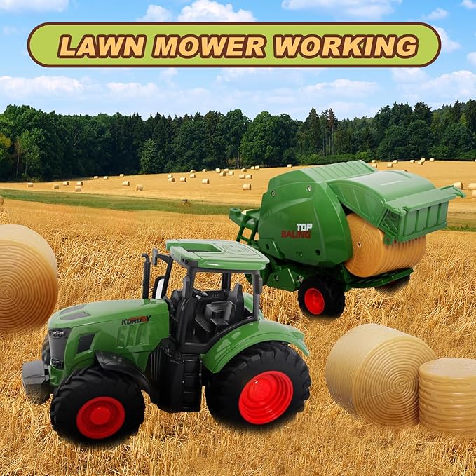 Farm Tractor Toys Set Bale Haying Round Baler with Barn Farmer,Cow,Farm Tools,Tree Farm Tractor Pla yset for Kids Toddler Boys Girls Ages 3-7 Years
