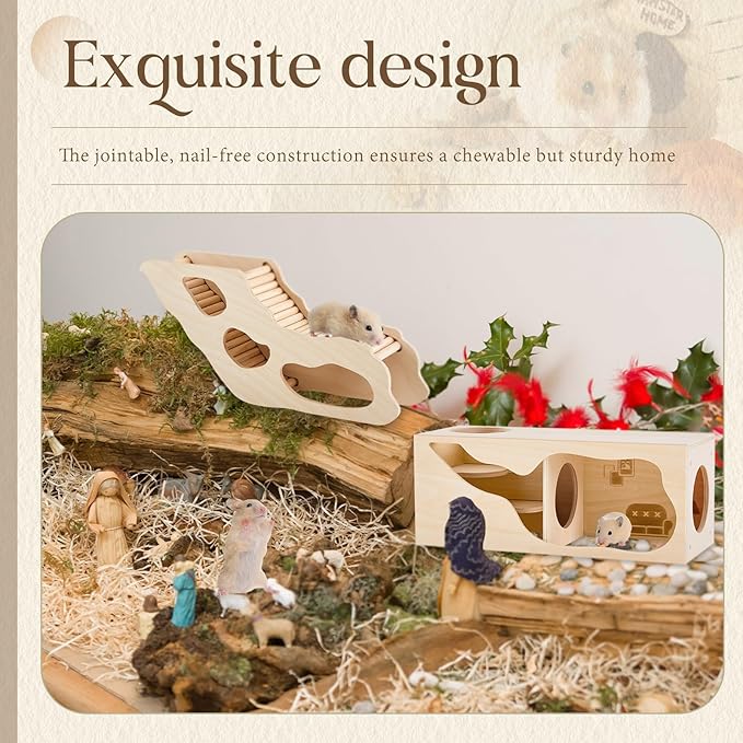 2 Pcs Hamster Houses and Hideouts Hamster Tunnel Set Wood House for Hamster with Climbing Ladder Exploring Tunnel Multi Chamber Maze for Small Animals Pets Gerbils Hedgehogs Rats Mice