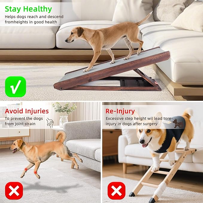 Folding Dog Ramp for Bed, Couch, Car, SUV & RV - Adjustable 4 Heights (12.2"-19.2"), 35.4" Long Wooden Pet Ramp with Non-Slip Mat & Safety Rails - Supports Pets up to 200 lbs