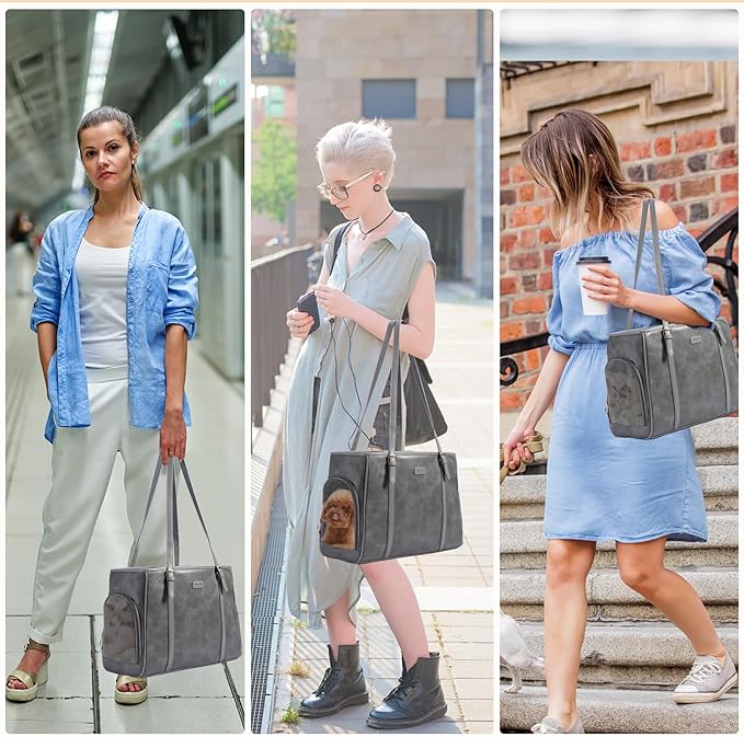 Fashion Dog Purse Pet Carrier Leather Bag for Small Dogs Cats Puppy, Portable Tote Bag Airline Approved Soft-Sided Carriers (Grey)