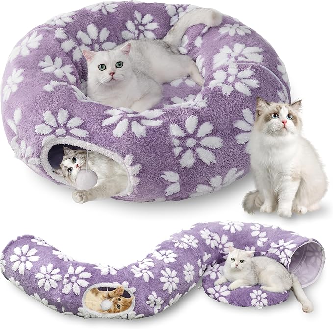 Cat Tunnel for Indoor Cats, Cute Peekaboo Cat Cave with Dangling Balls, Pet Donut Tunnel Bed with Circle Mat for Puppy Kitten Rabbit, Purple