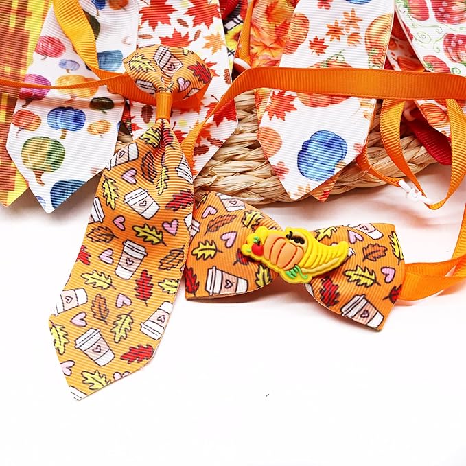 22pcs Fall Dog Bow Tie, Adjustable Bowtie Collar Attachment for Small Medium Pets, Bulk Neckties Set for Thanksgiving Day,Autumn Pet Supplies Charms Hair Costume Accessories(Maple Leaf, Pumpkin)