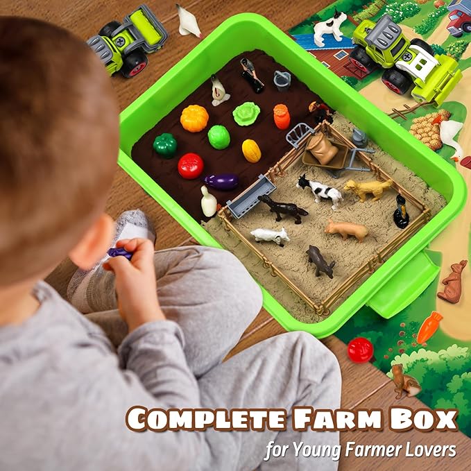 69 PCS Farm Sensory Bin Toys Playset, Sandboxes with Sand, Farmer Tractor & Farm Animals Figures Toys for Kids 3 4 5, Gifts for 6 7 Years Old Boys Girls Toddlers